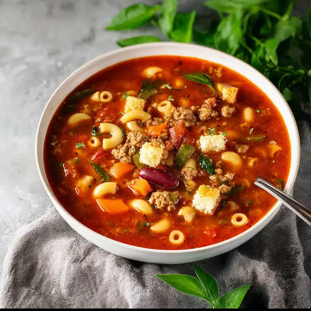 Pasta Italian soup with ingredients and recipe card overlay