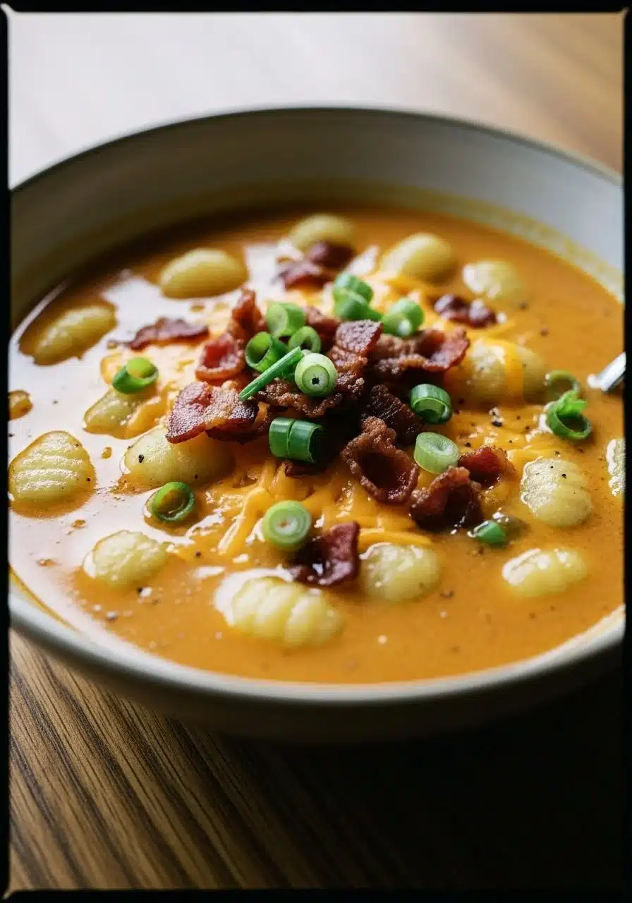 Delicious Bacon Cheddar Gnocchi Soup served in a bowl, garnished with herbs.