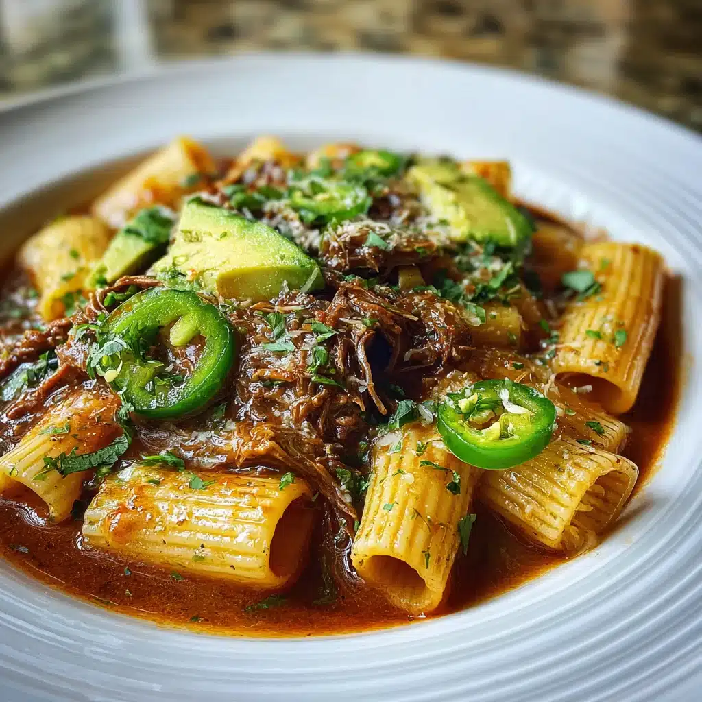 beef birria pasta plated with toppings