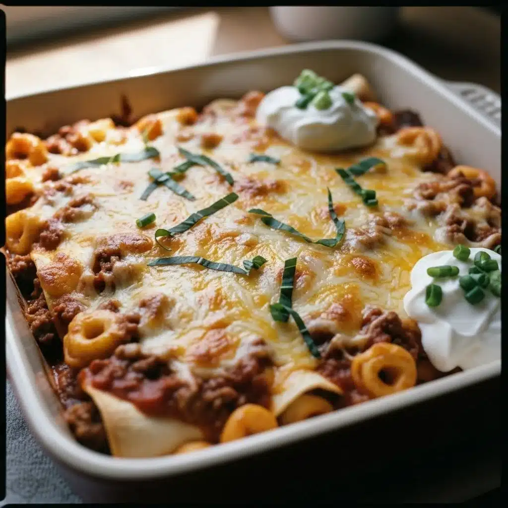Plate of Beef Tortellini Enchilada topped with cheese and cilantro
