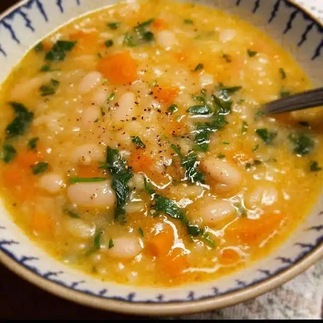 A bowl of creamy white bean soup garnished with herbs and vegetables.