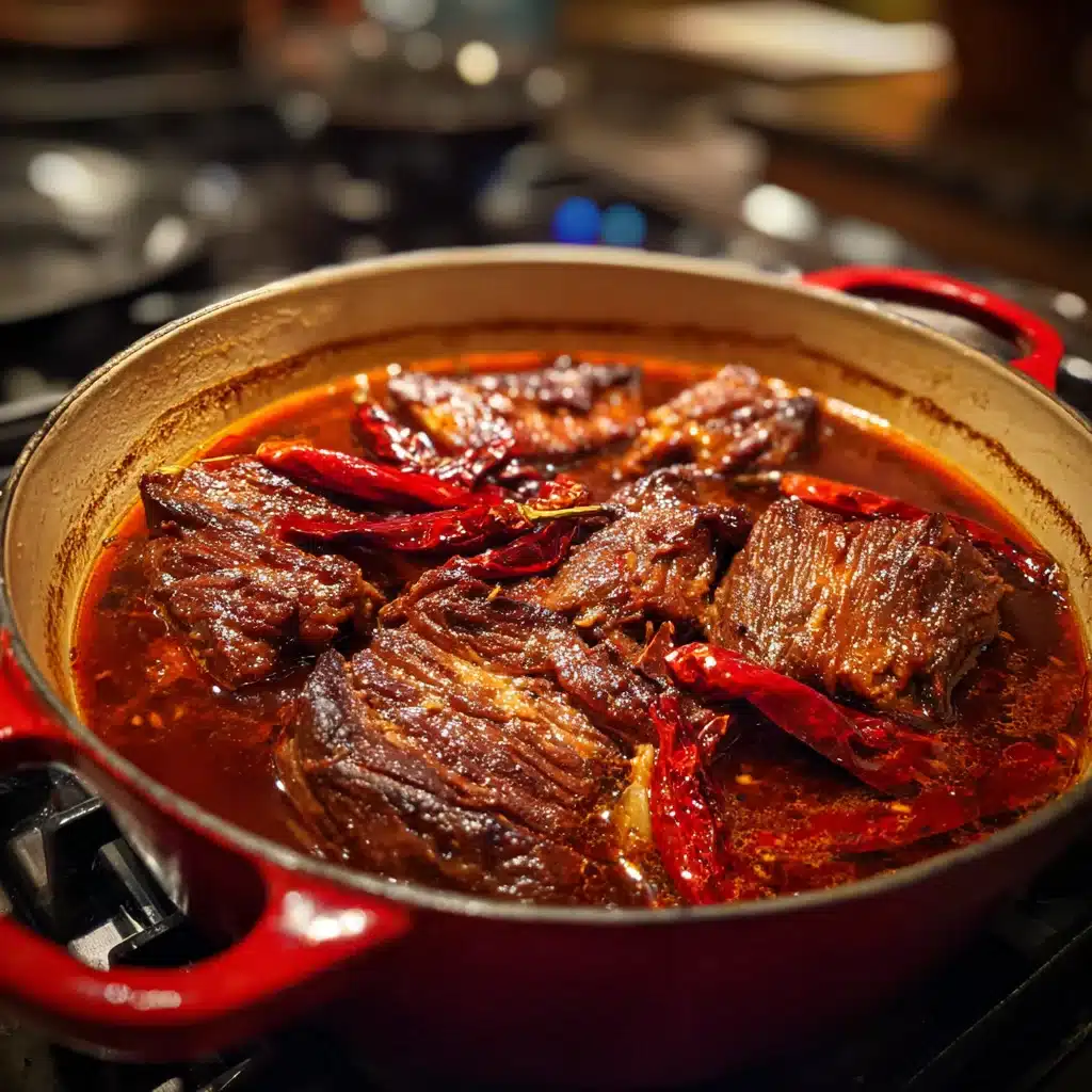 birria beef simmering in consommé