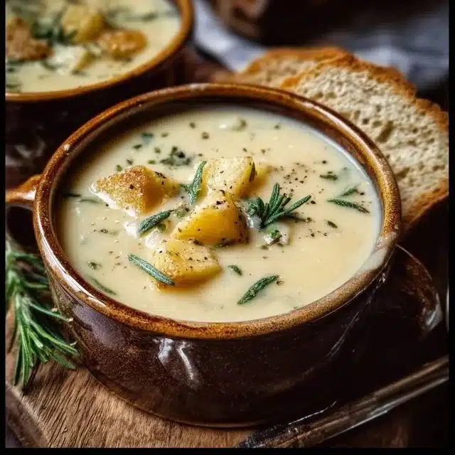 Bowl of Cheddar Garlic Herb Potato Soup topped with herbs and cheese