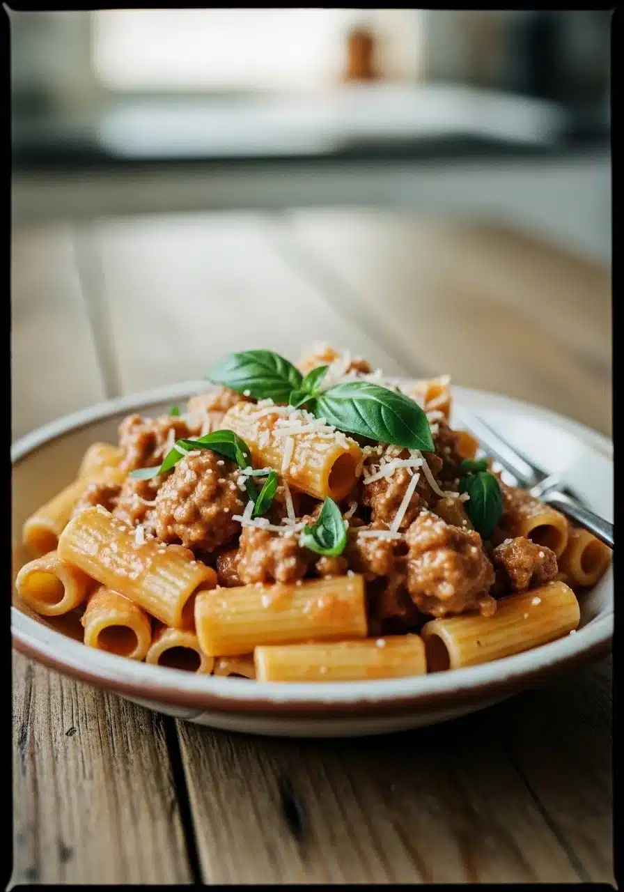 Cheesy Beef Tortellini Bake topped with melted cheese and herbs in a baking dish.