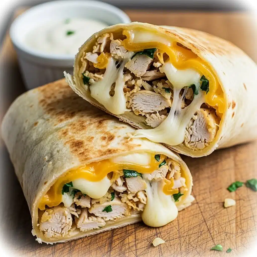 Delicious cheesy garlic chicken wraps served with fresh ingredients.