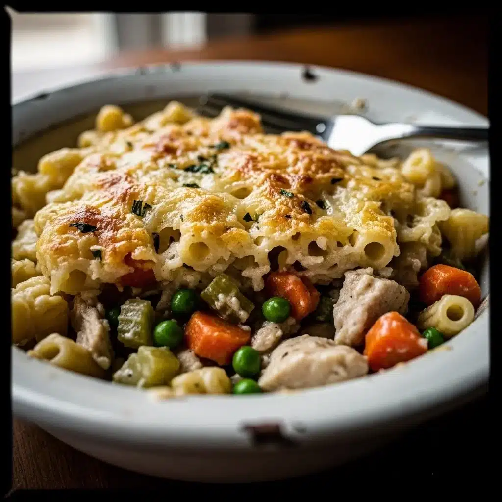 Delicious Chicken Pot Pie Pasta with creamy sauce and vegetables