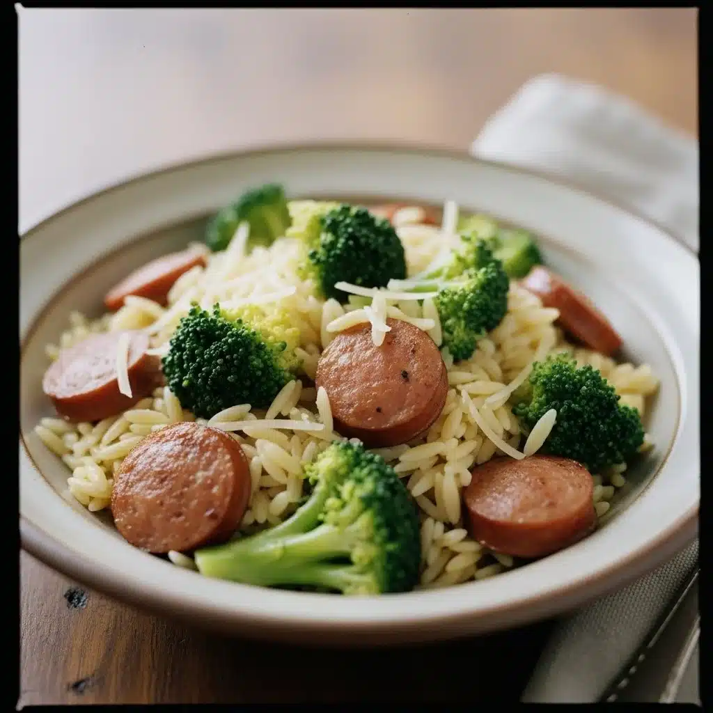 Delicious Chicken Sausage Broccoli Orzo served in a bowl