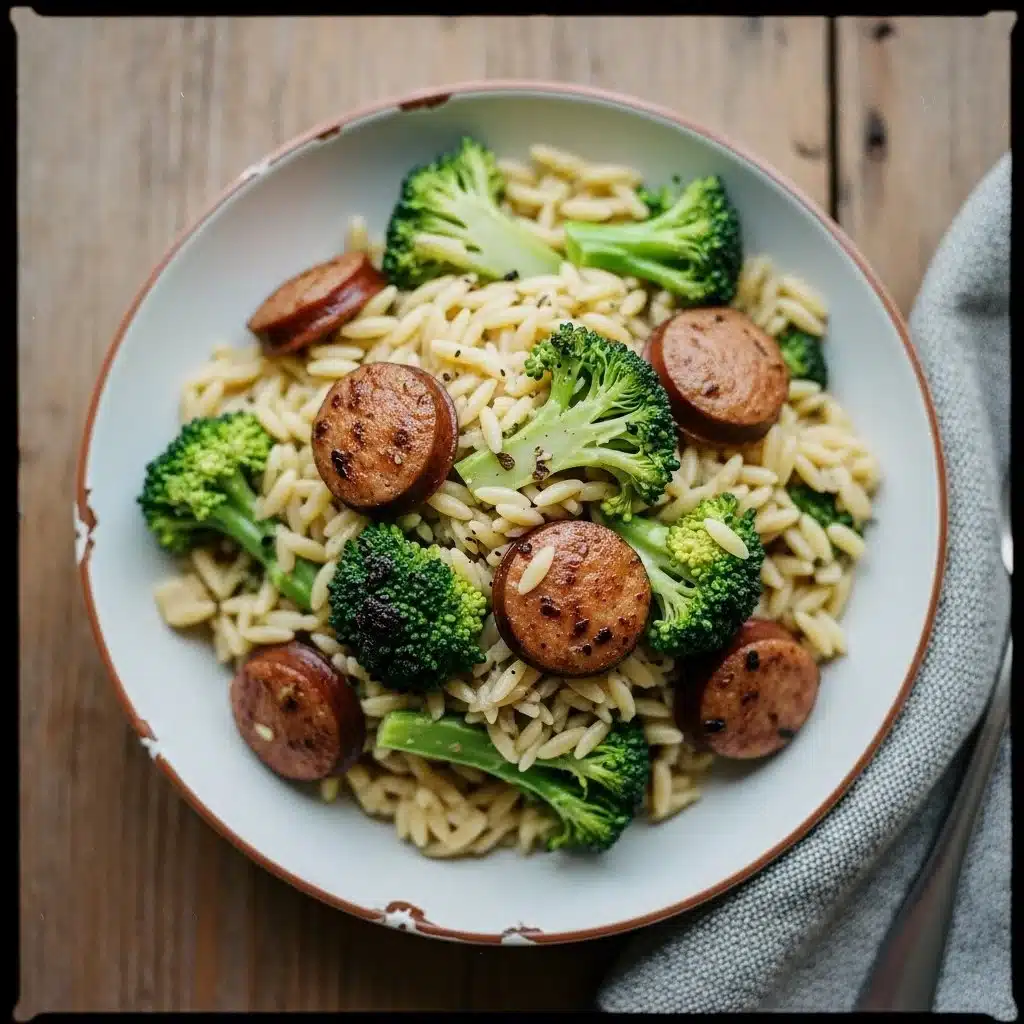 Delicious Chicken Sausage Broccoli Orzo plated and ready to serve.