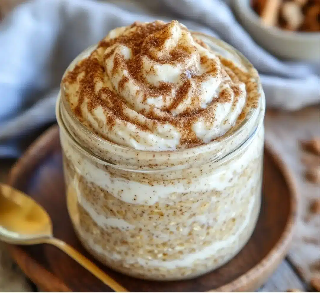 A bowl of cinnamon roll overnight oats topped with cinnamon and nuts