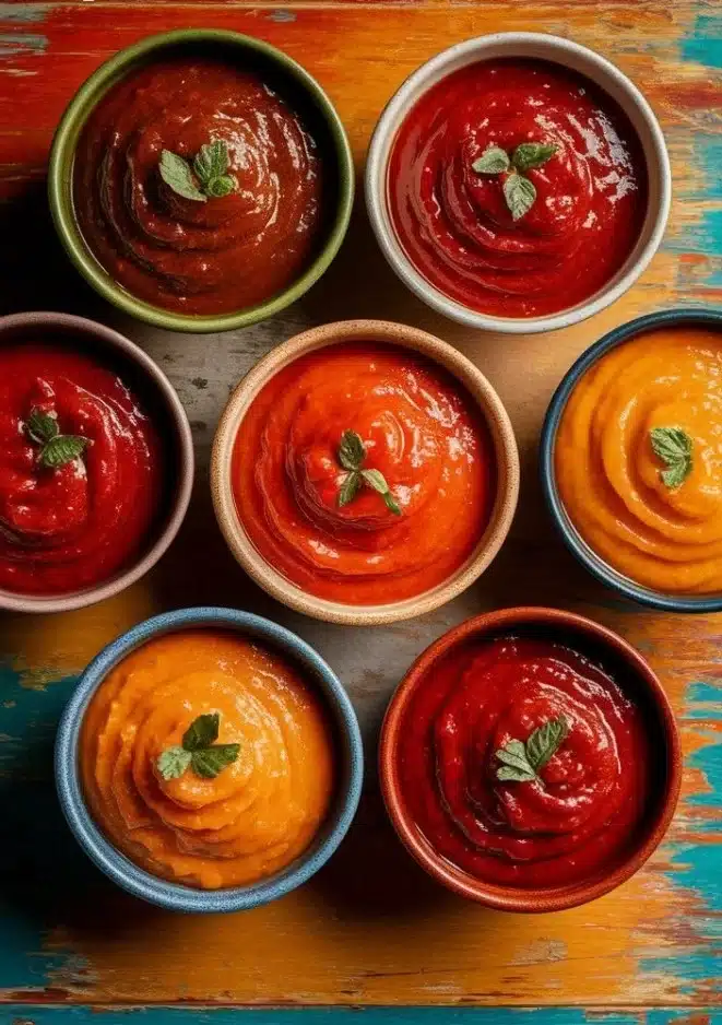 Selection of classic Italian pasta sauces in bowls on a table