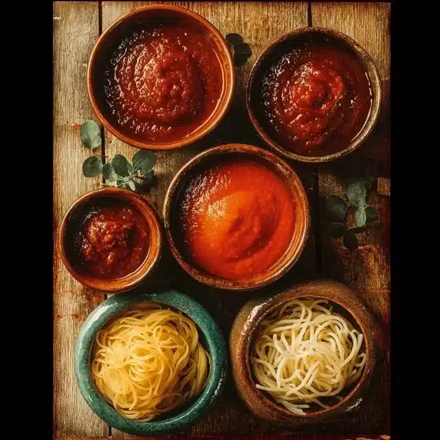 Variety of classic Italian pasta sauces in bowls for delicious pasta dishes