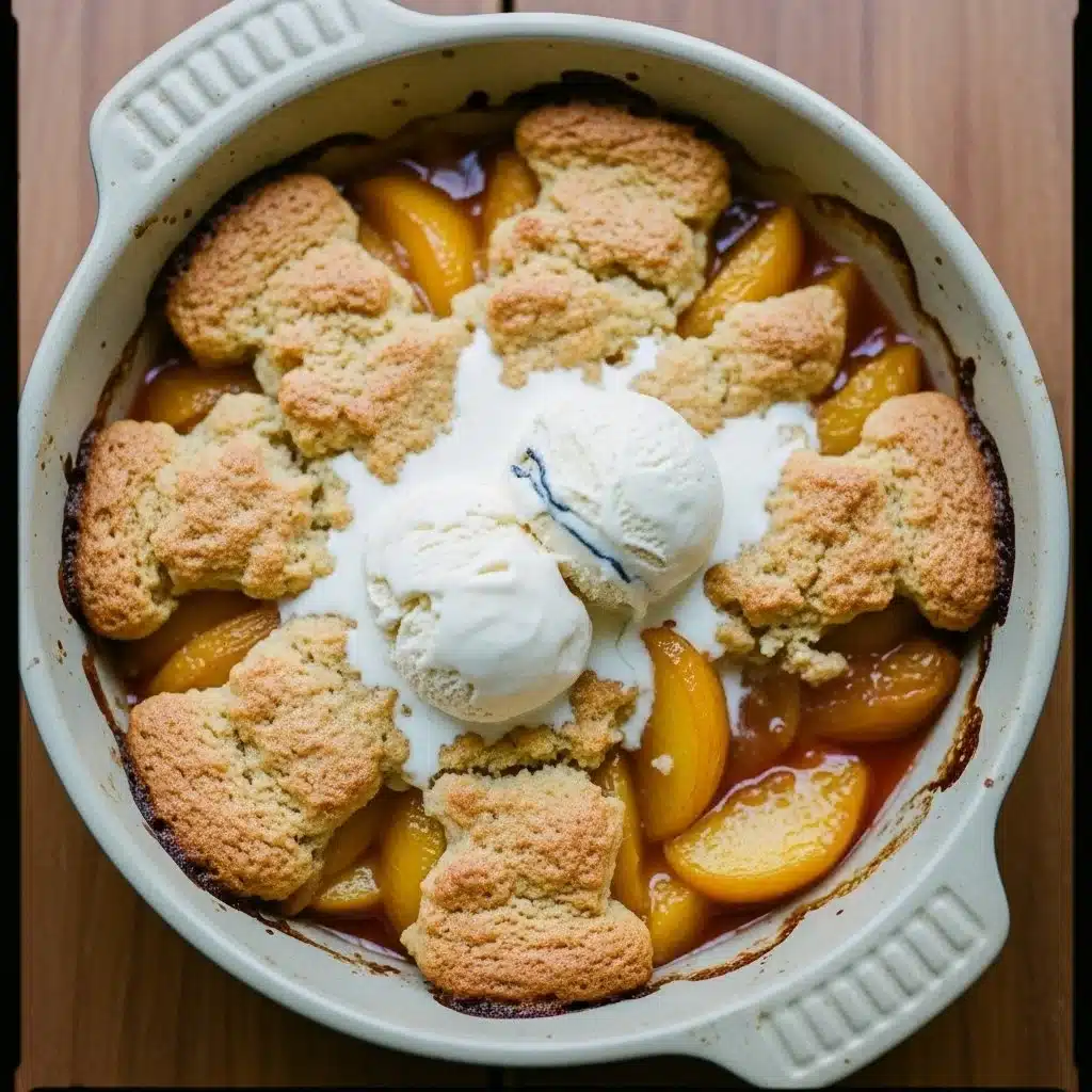 Delicious Classic Southern Peach Cobbler served warm with a scoop of vanilla ice cream