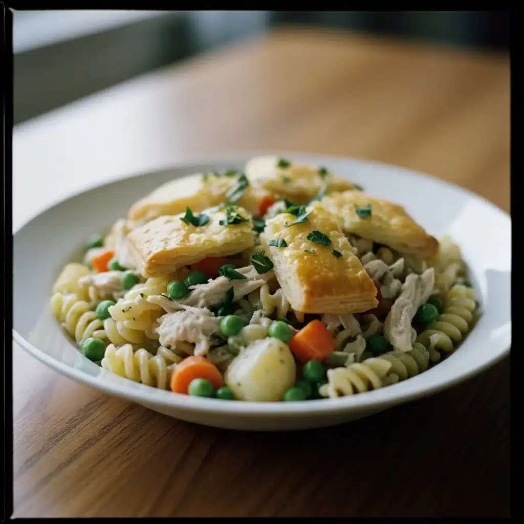 Creamy chicken pot pie pasta topped with vegetables and herbs