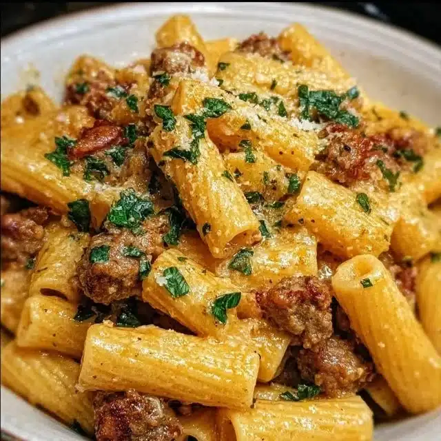 Creamy Italian sausage rigatoni served in a bowl with garnishes.