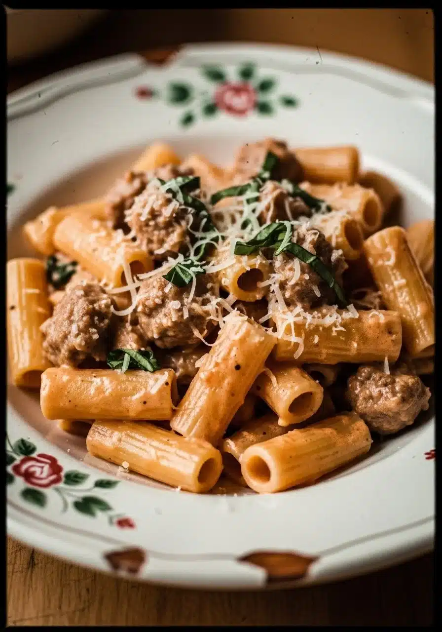 Creamy Italian sausage rigatoni served in a bowl with herbs and cheese.