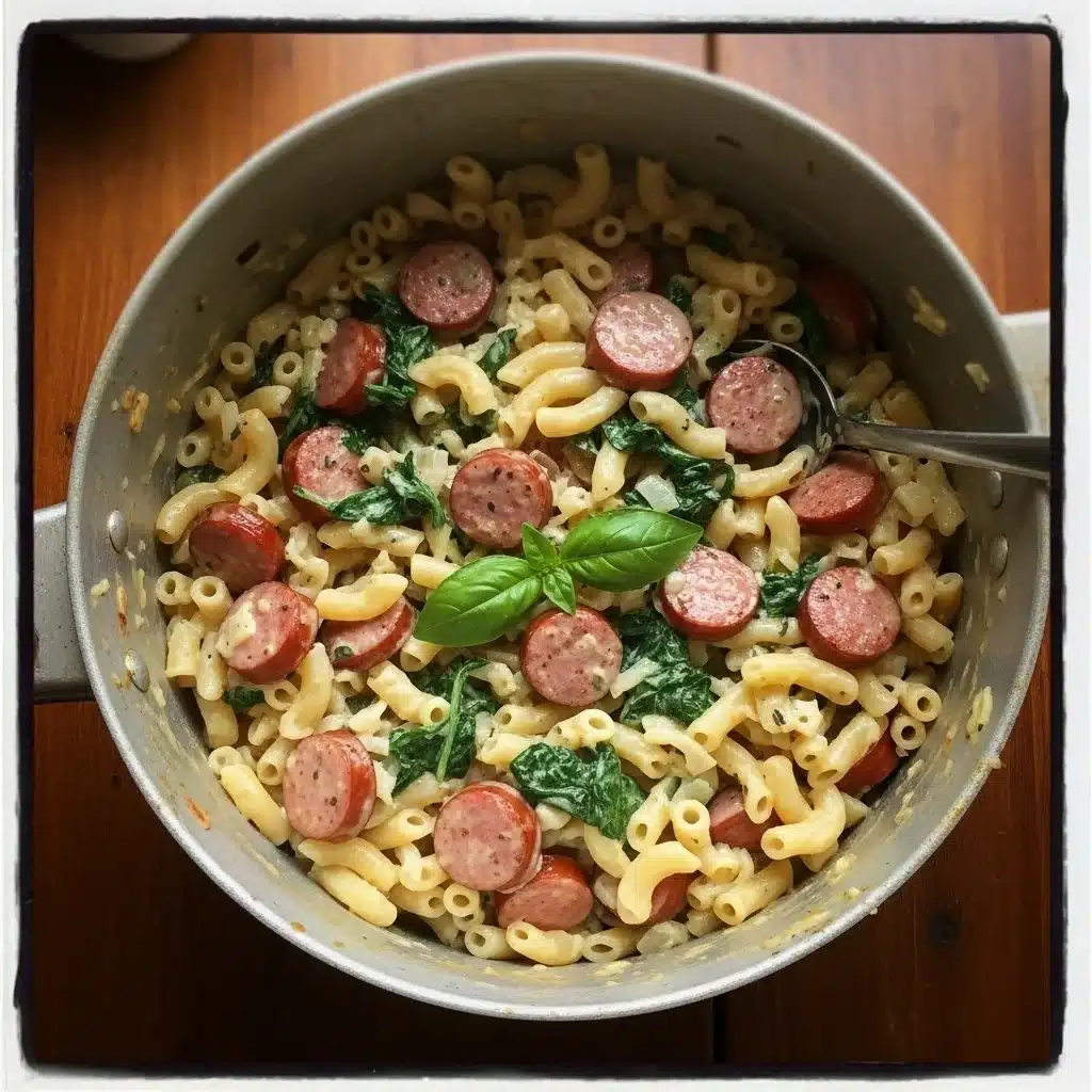 Creamy Kielbasa Pasta cooked in one pot, ready to serve