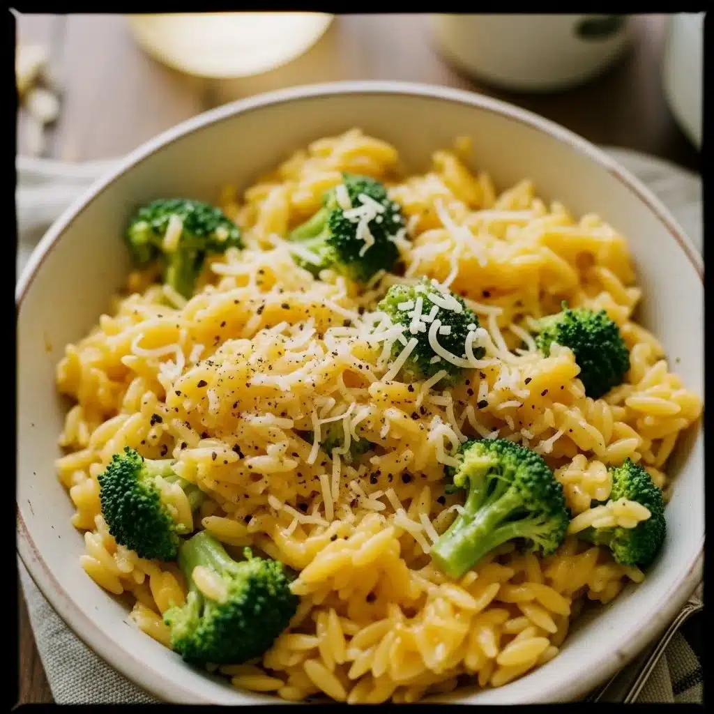 Creamy one-pot broccoli cheddar orzo dish garnished with fresh herbs.