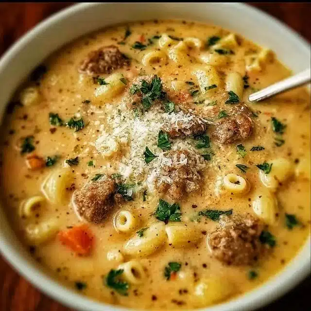 Creamy Parmesan Italian Sausage Ditalini Soup in a bowl garnished with herbs