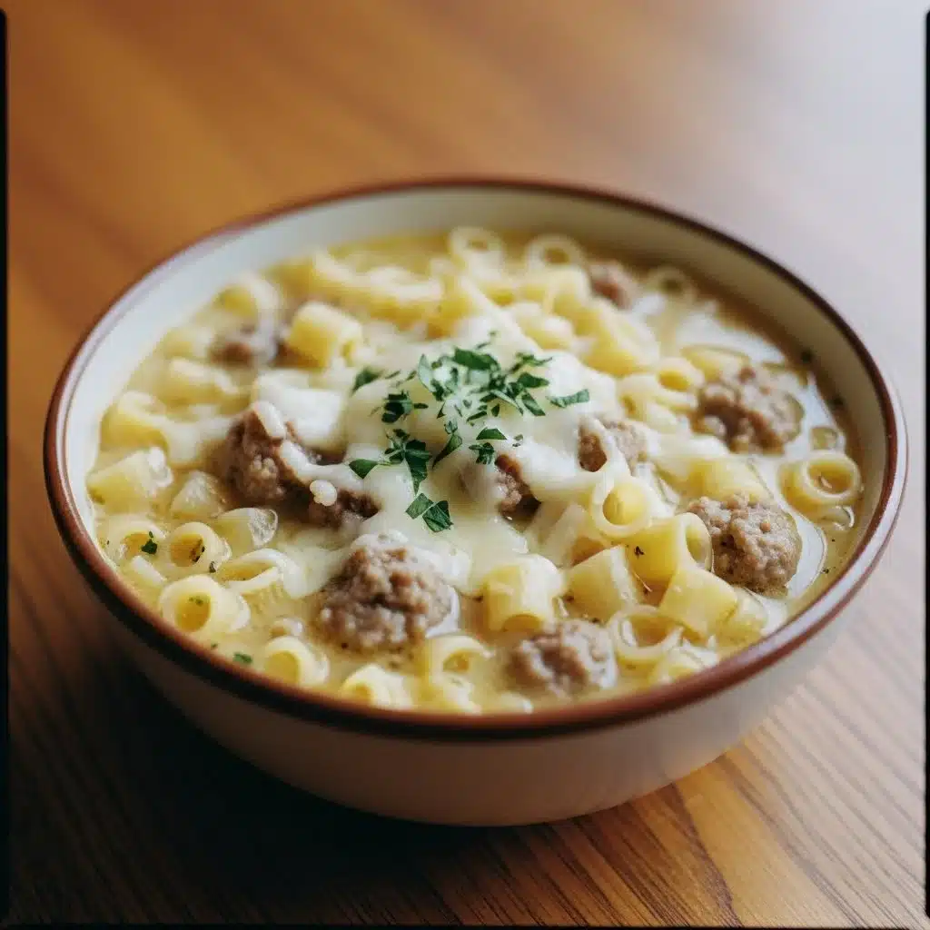 Creamy Parmesan Italian sausage ditalini soup in a bowl with fresh herbs