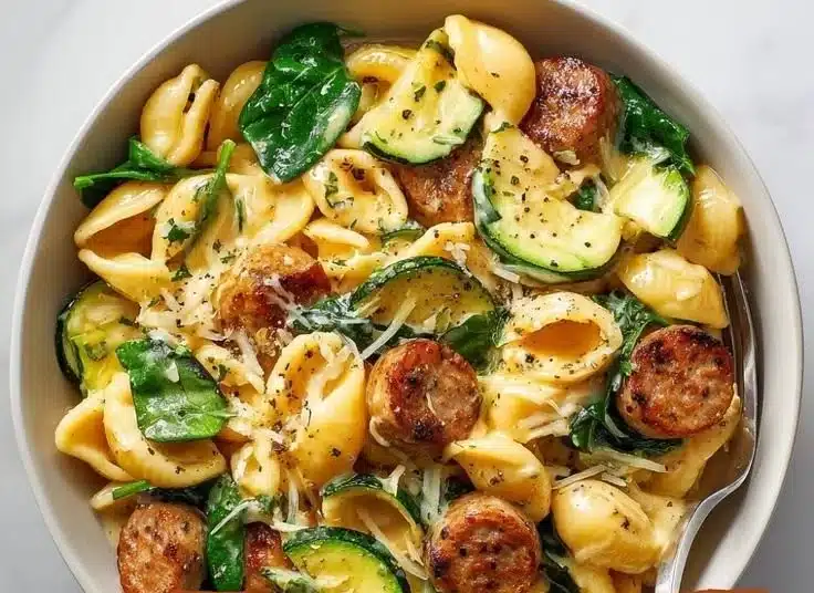 A creamy protein pasta bowl topped with fresh ingredients and herbs