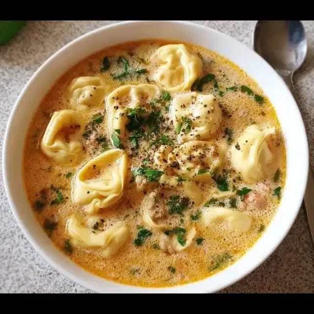 Bowl of creamy tortellini soup garnished with herbs and cheese