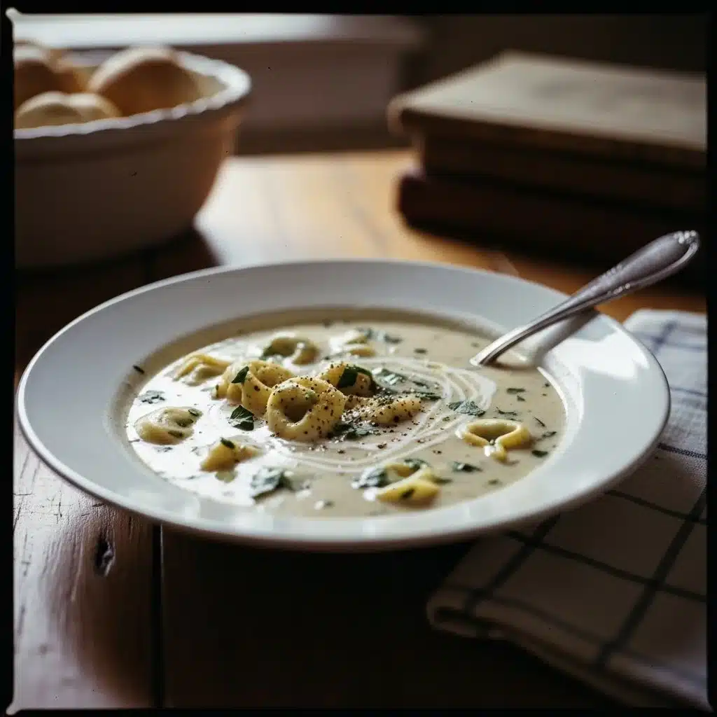 Bowl of creamy tortellini soup with fresh herbs and a drizzle of olive oil