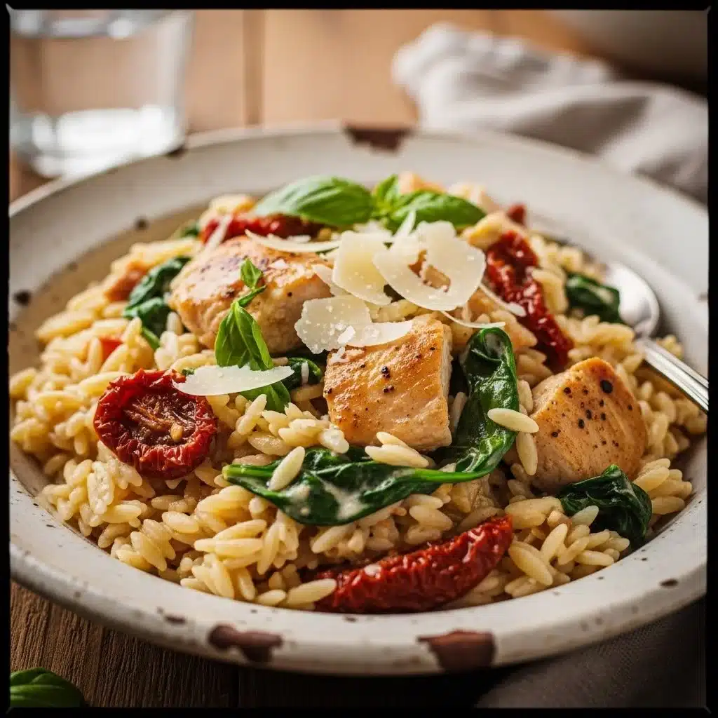 Creamy Tuscan chicken orzo with spinach and sun-dried tomatoes in a bowl