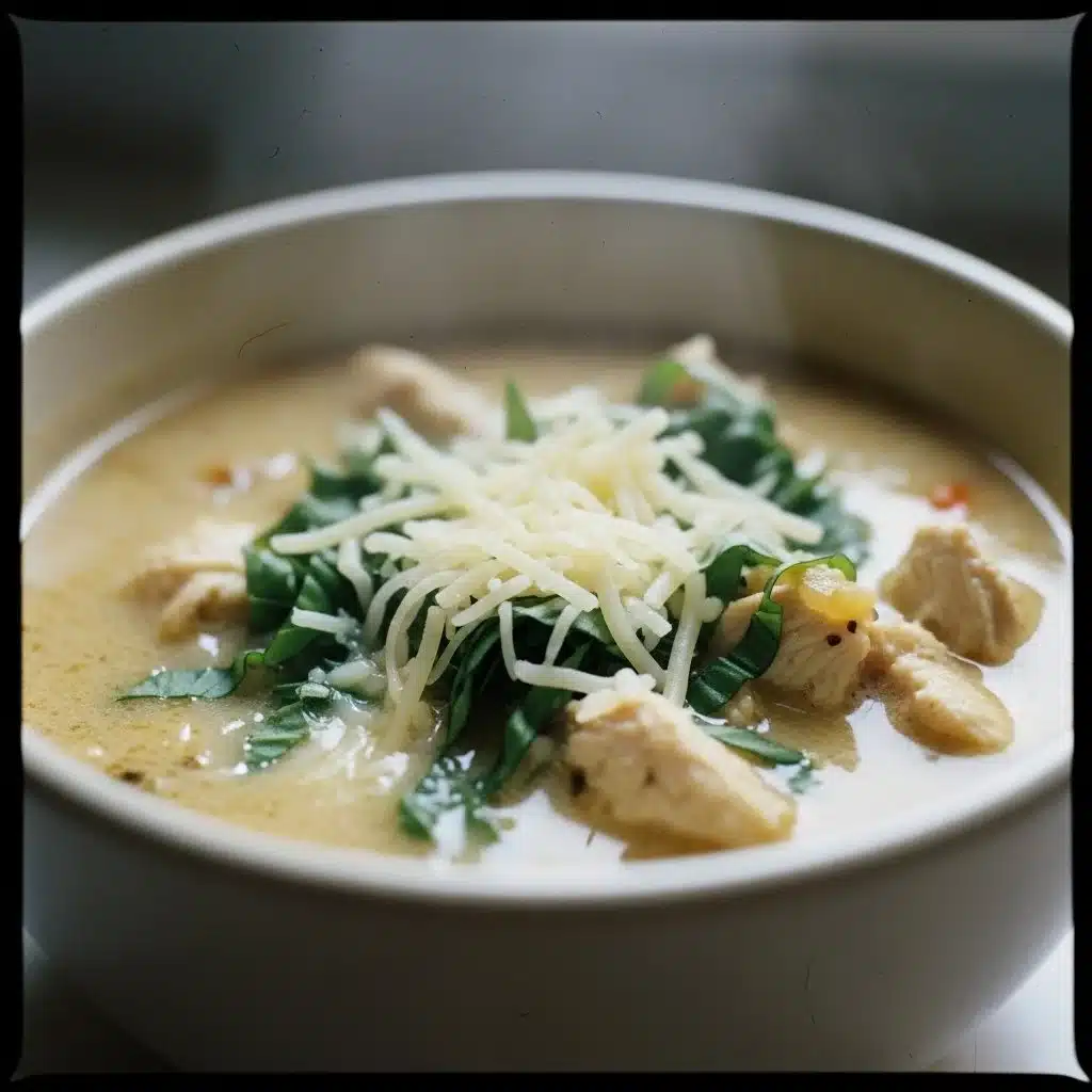 Crock Pot Creamy Chicken Parmesan Soup in a cozy bowl garnished with herbs.