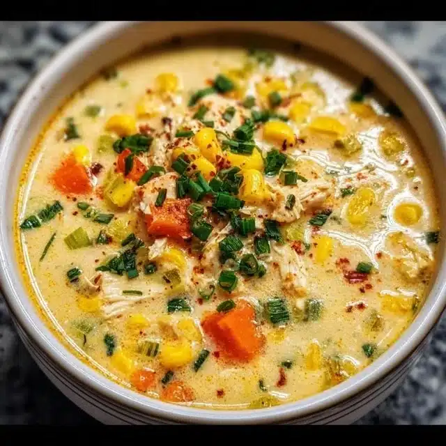 Creamy Crockpot Chicken Corn Chowder in a bowl topped with fresh herbs