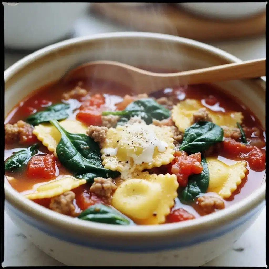 Bowl of Dutch Oven Ravioli Soup garnished with fresh herbs