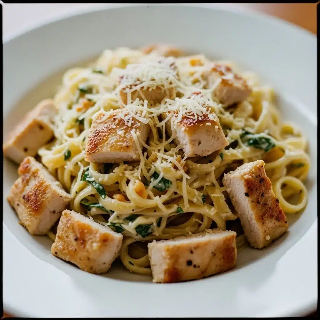 A plate of Easy Garlic Parmesan Chicken Pasta garnished with herbs and parmesan cheese.