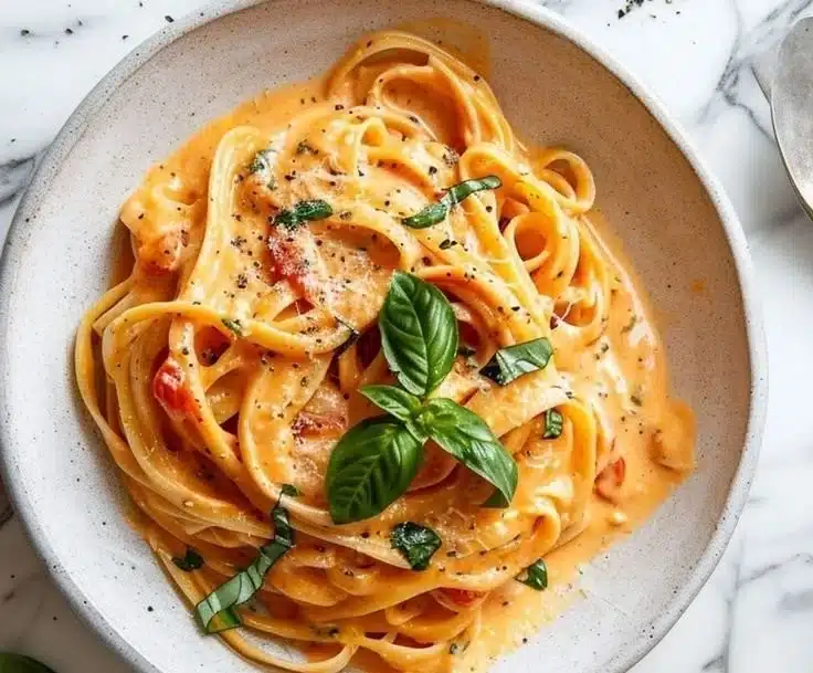 Delicious one pot creamy tomato pasta served in a bowl with fresh basil.