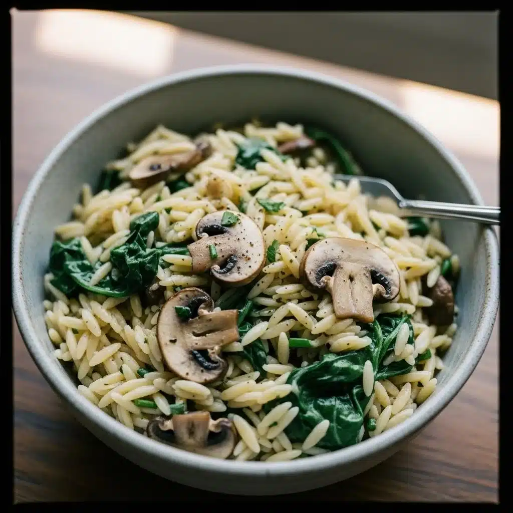 Easy orzo pasta dish with mushrooms and spinach served in a bowl