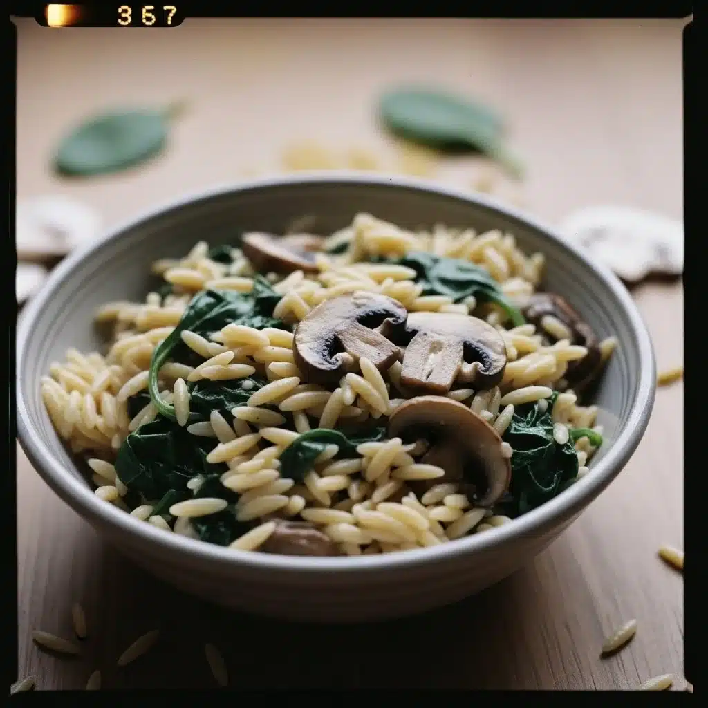 Easy orzo pasta with mushrooms and spinach served in a bowl