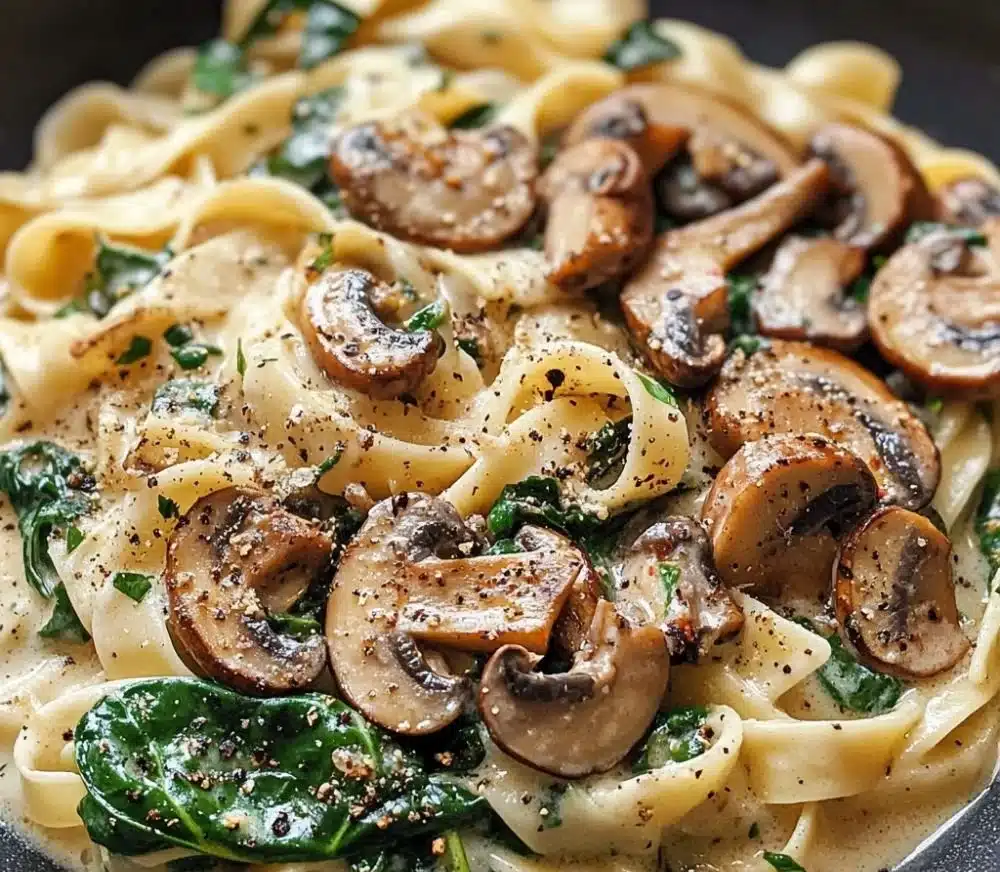 Plate of easy spinach mushroom pasta garnished with herbs