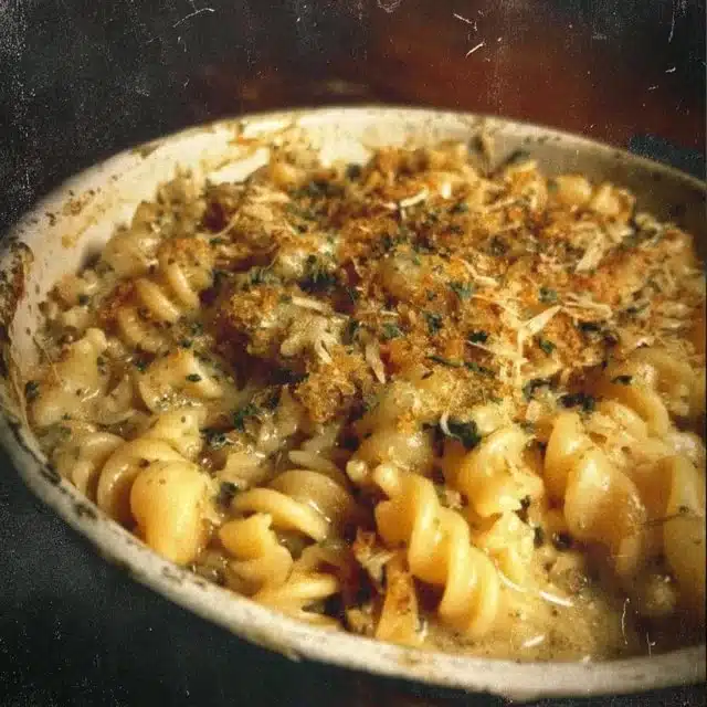 Delicious French onion pasta bowl soup topped with melted cheese and herbs