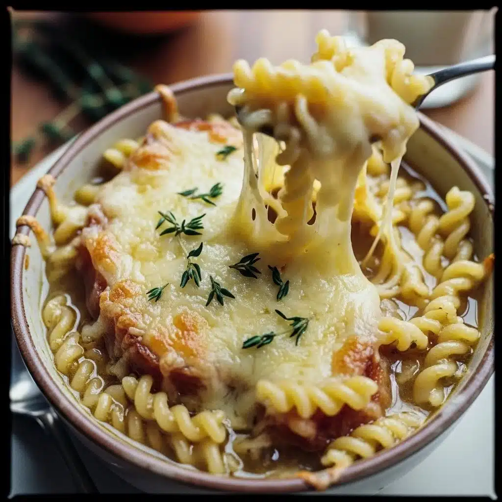 A bowl of creamy French onion soup with pasta, topped with melted cheese and herbs.
