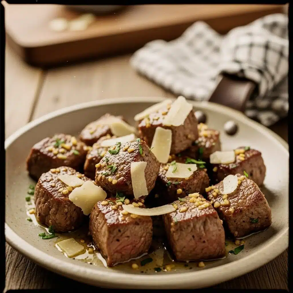 Delicious Garlic Butter Steak Bites topped with Parmesan cheese
