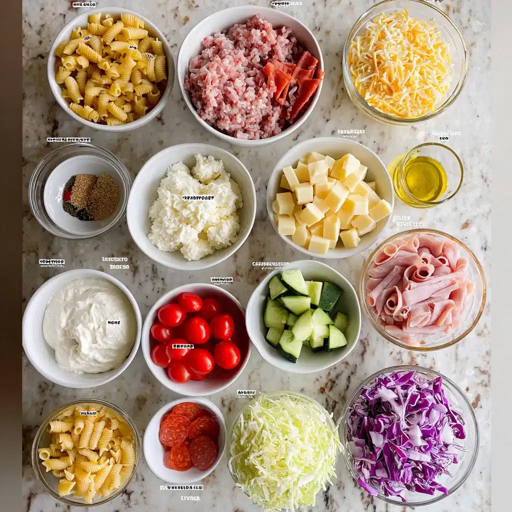 Grinder pasta salad ingredients flat lay