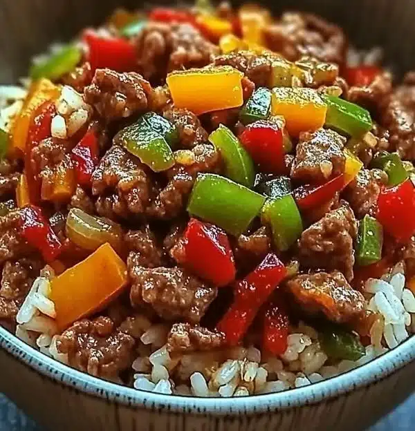 Healthy beef and pepper rice bowl with colorful vegetables and rice.
