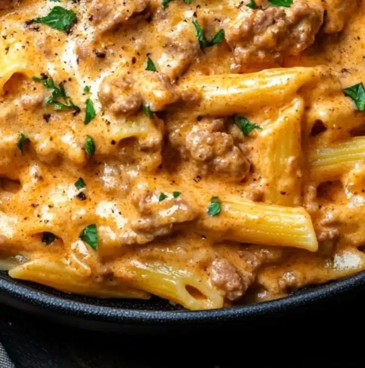 High protein creamy beef pasta dish served in a bowl with herbs