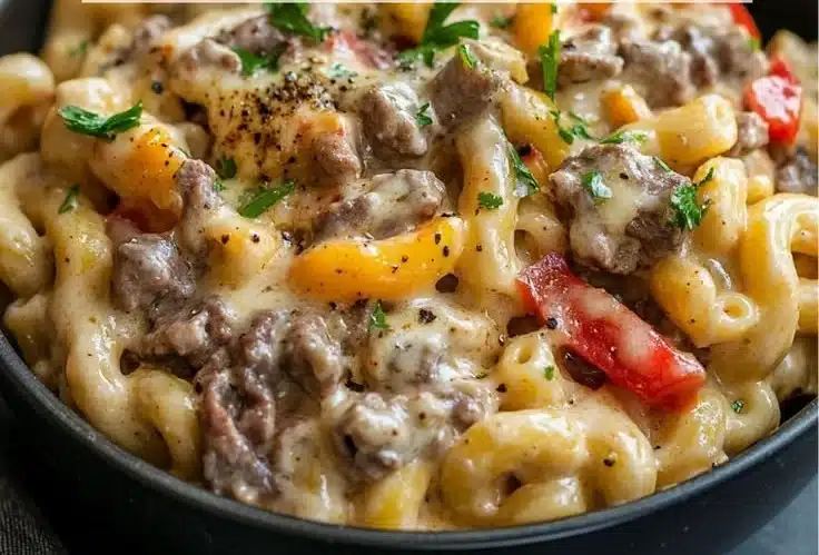 High-Protein Philly Cheesesteak Mac & Cheese dish topped with melted cheese