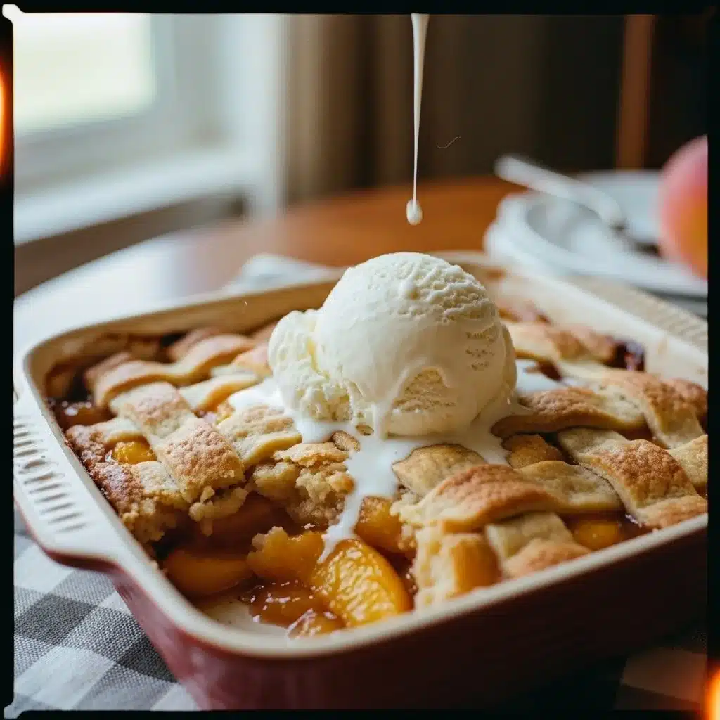 Freshly baked homemade peach cobbler topped with golden crust and juicy peaches.