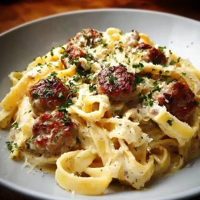Creamy Italian sausage fettuccine served on a plate with herbs