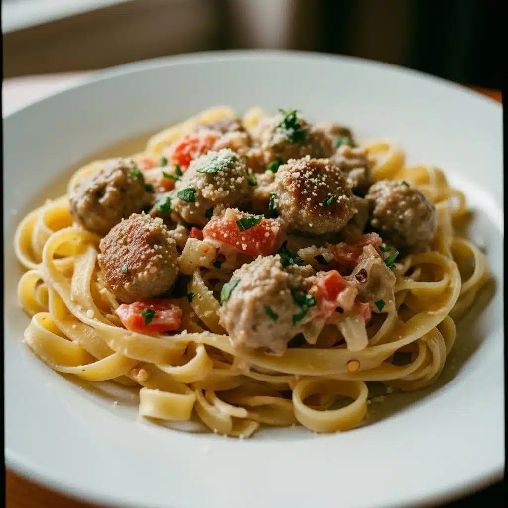 Creamy Italian sausage fettuccine served in a bowl with herbs and cheese
