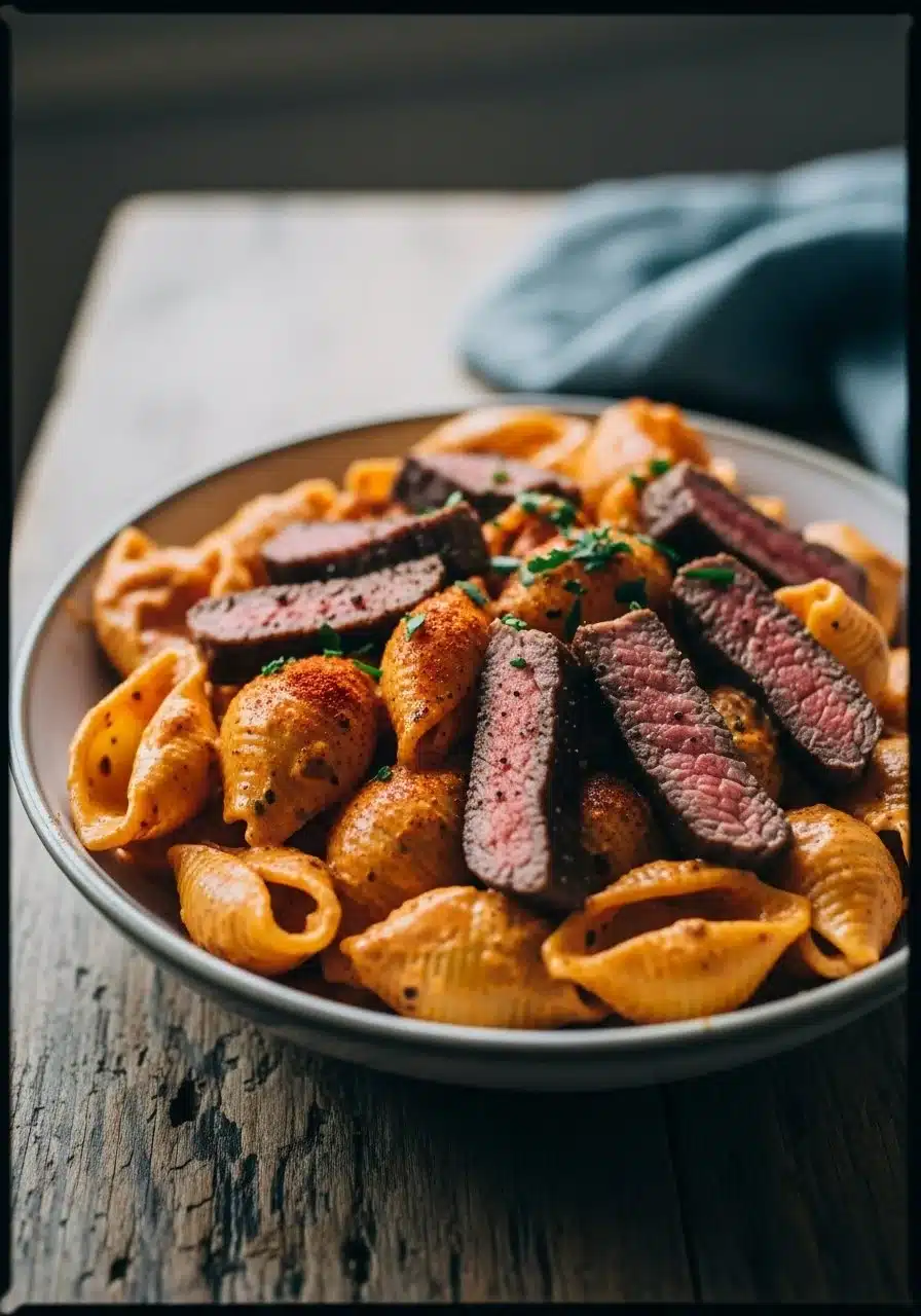 Italian sausage with bow tie pasta served in a white bowl