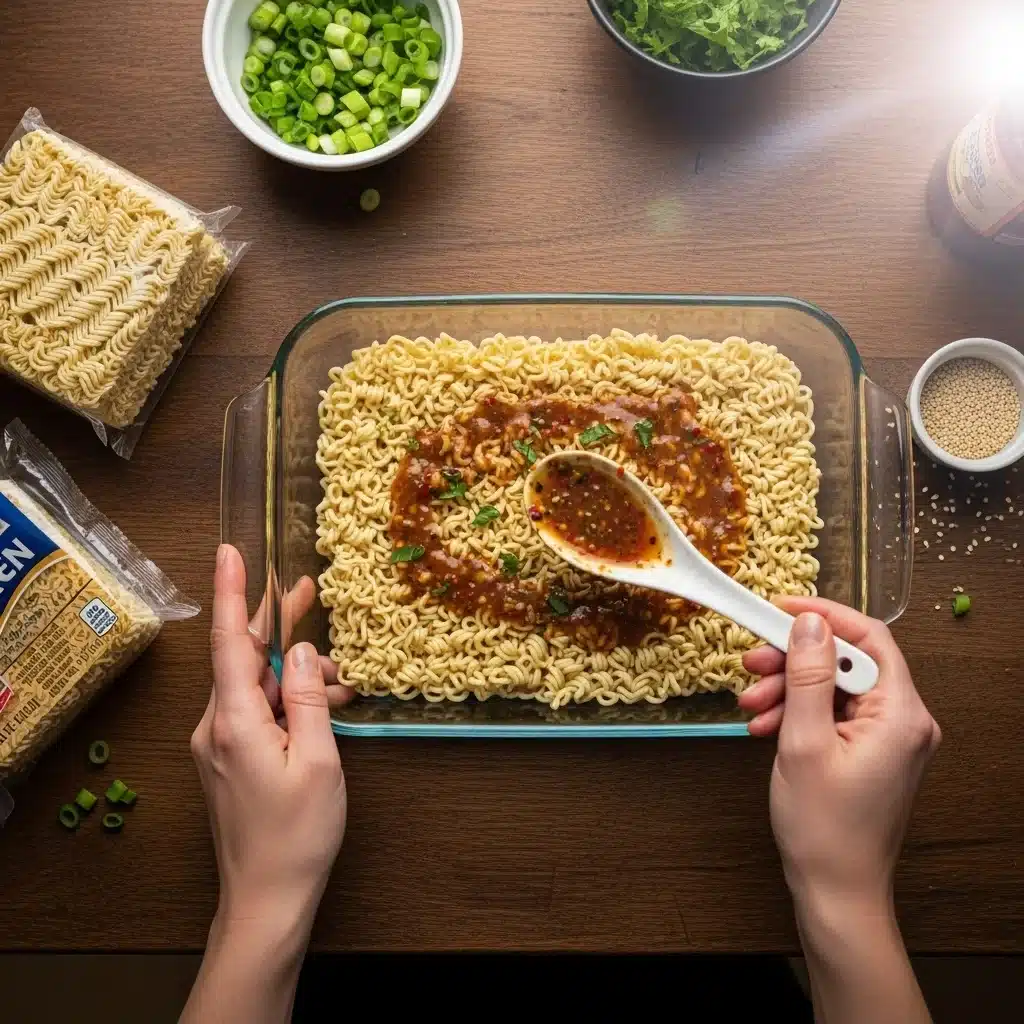 Layering ramen noodles with tomato sauce and cheese in a baking dish
