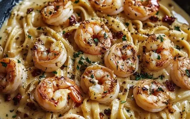 Plate of Marry Me Shrimp Pasta garnished with herbs and lemon.