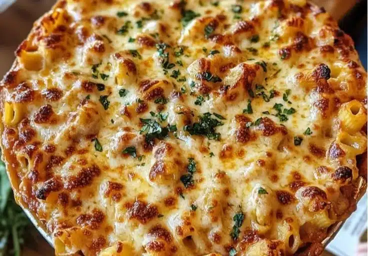 Delicious Million Dollar Baked Ziti topped with cheese and herbs in a baking dish