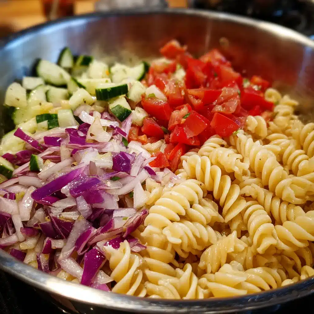 Mixing pasta and vegetables for salad